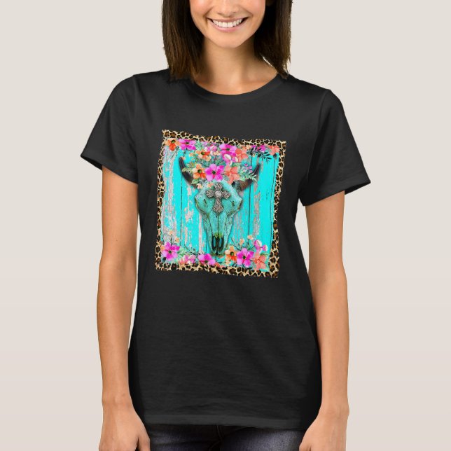 Western Boho Flowers Turquoise Cow Bull Skull Rode T-Shirt (Front)