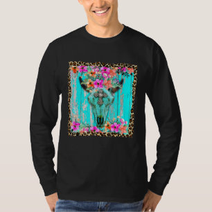 Western Boho Flowers Turquoise Cow Bull Skull Rode T-Shirt
