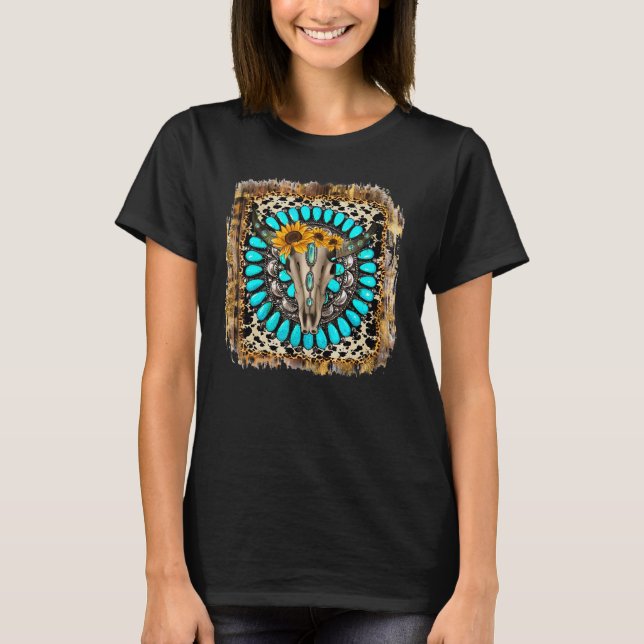 Western Boho Leopard Turquoise Cow Bull Skull Rode T-Shirt (Front)