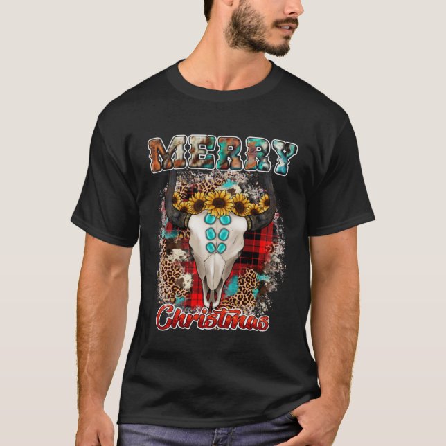 Western Boho Plaid Leopard Cow Bull Skull Merry Ch T-Shirt (Front)