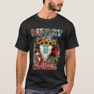 Western Boho Plaid Leopard Cow Bull Skull Merry Ch T-Shirt