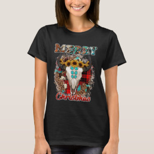 Western Boho Plaid Leopard Cow Bull Skull Merry Ch T-Shirt