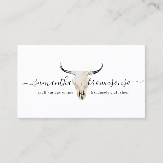 Western Boho Shop Cow Skull Longhorn Vintage Scrip Business Card (Front)