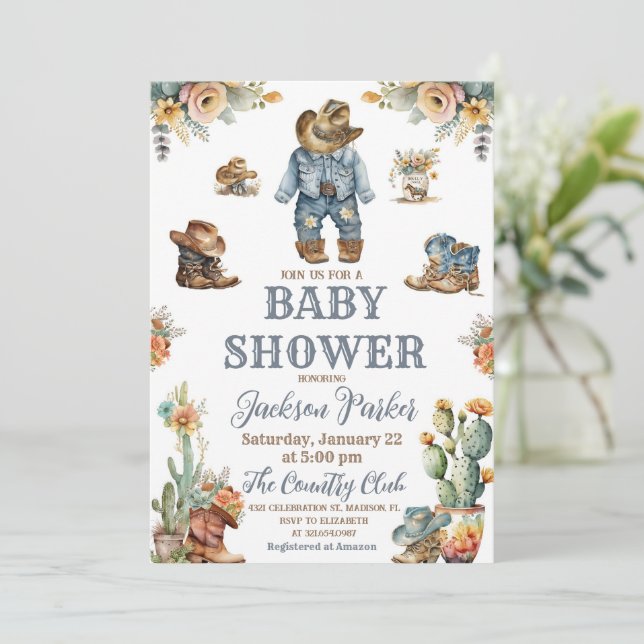 Western Boho Wild West Boy Baby Shower Party Invitation (Standing Front)