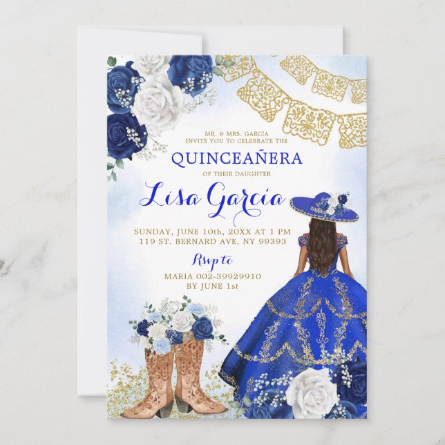 Western Boot Royal Blue Rose Mis Quince Invitation (Front)
