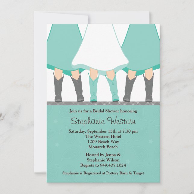 Western Boots Bridal Shower Invitation Mint Grey (Front)