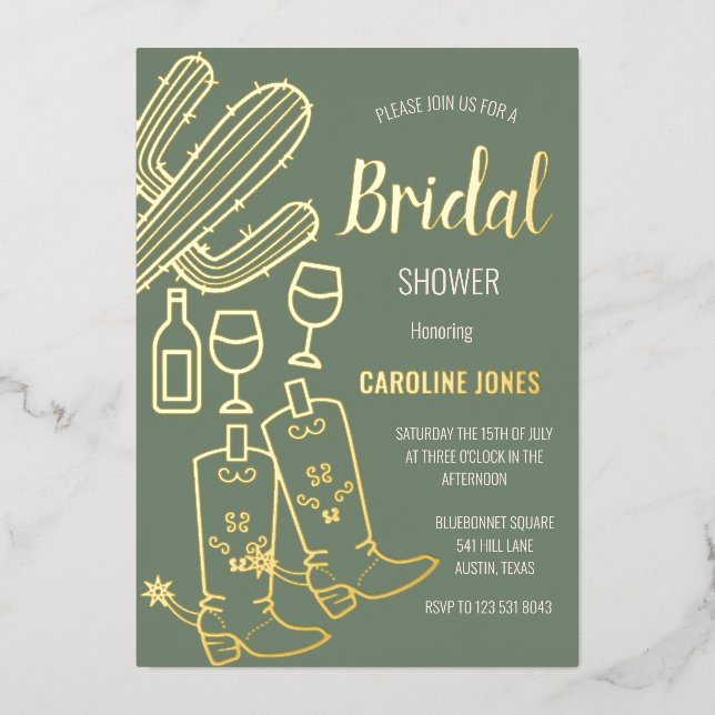 Western Boots Bubbly Boho Gold Foil Bridal Shower (Front)
