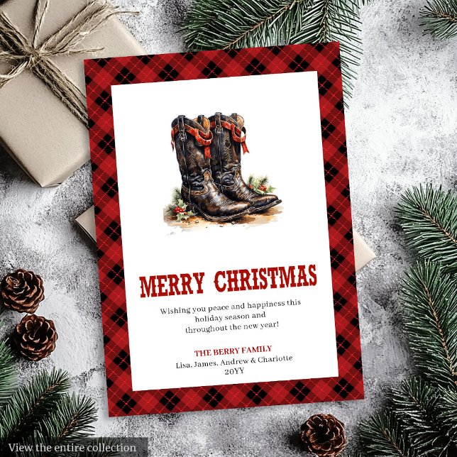 Western Boots Buffalo Plaid Tartan Christmas Card (Western Boots Buffalo Plaid Tartan Christmas Card)