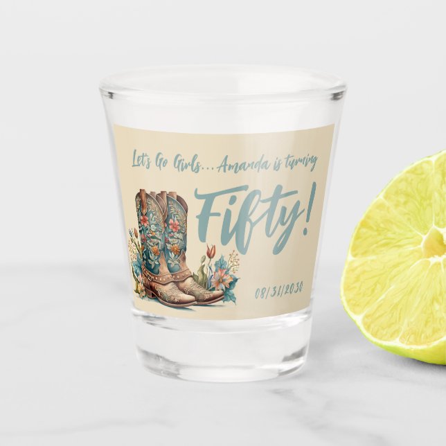 Western Boots Floral Fiftieth Birthday Shot Glass (Front)