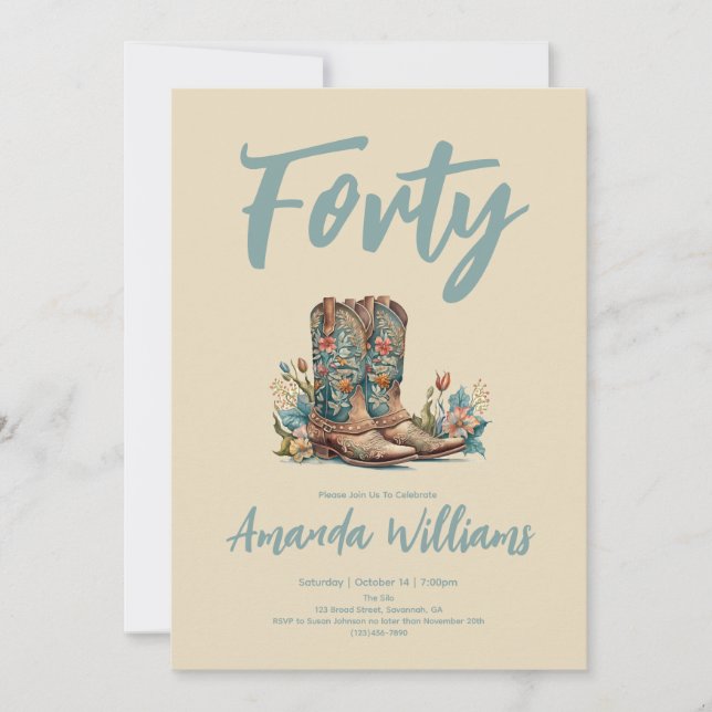 Western Boots Floral Fortieth Birthday Invitation (Front)
