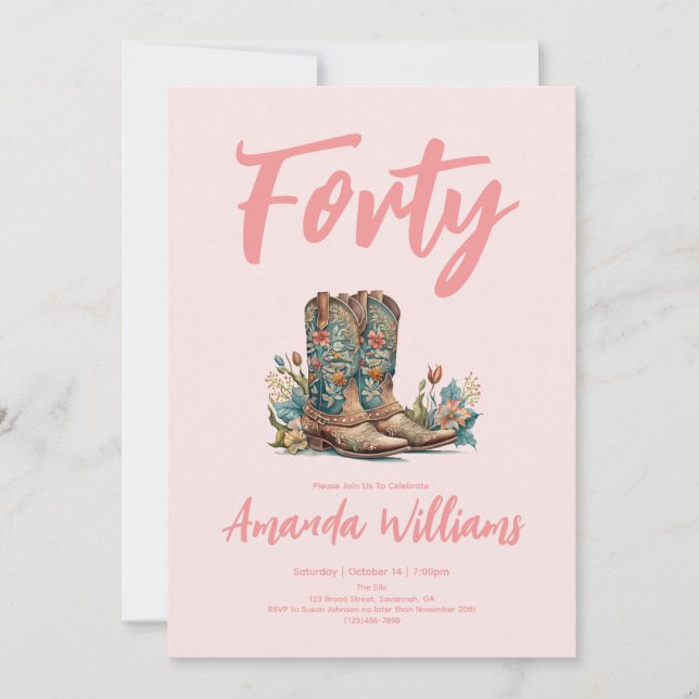 Western Boots Floral Fortieth Birthday Invitation (Front)