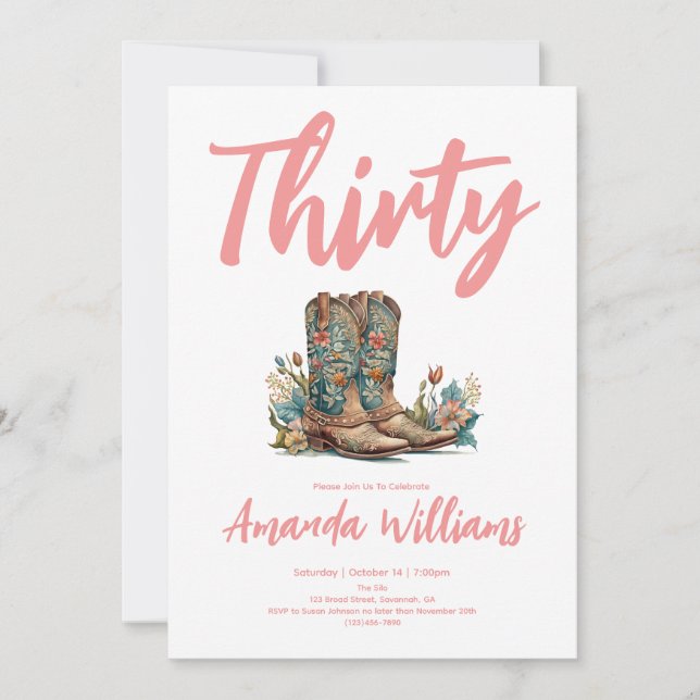 Western Boots Floral Thirtieth Birthday Invitation (Front)