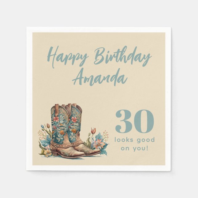 Western Boots Floral Thirtieth Birthday Napkin (Front)