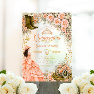 Western Boots Peach Roses Golden Quinceañera Acrylic Invitations