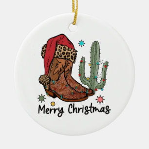 Western Boots Santa Merry Christmas Boots Xmas Ceramic Ornament