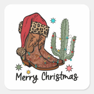 Western Boots Santa Merry Christmas Boots Xmas Square Sticker