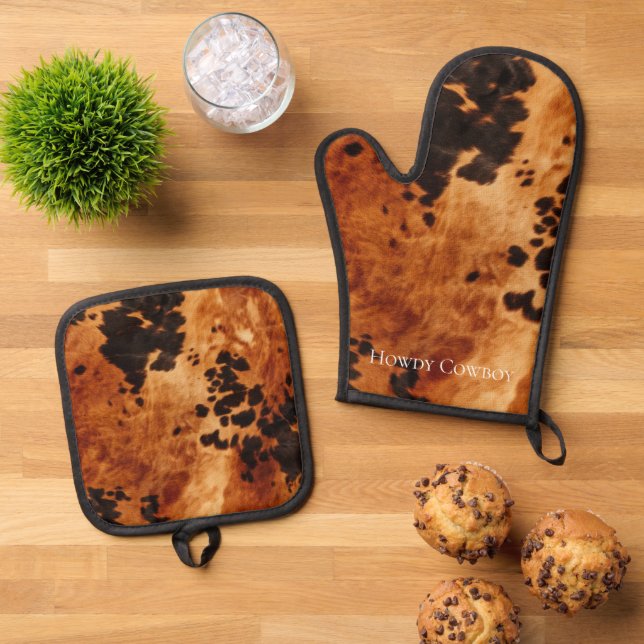 Western Brown Black Cowhide Animal Oven Mitt & Pot Holder Set (Top Down)