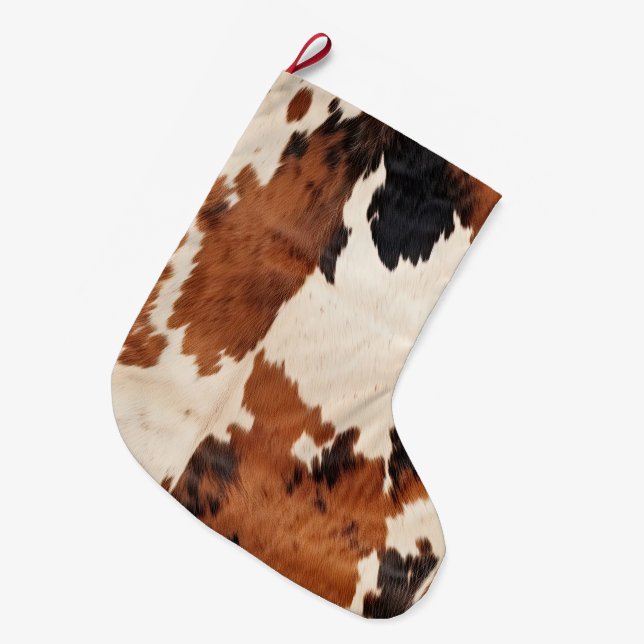 Western Brown Black White Cowhide Large Christmas Stocking (Front (Hanging))