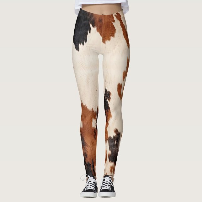 Western Brown Black White Cowhide Leggings (Front)