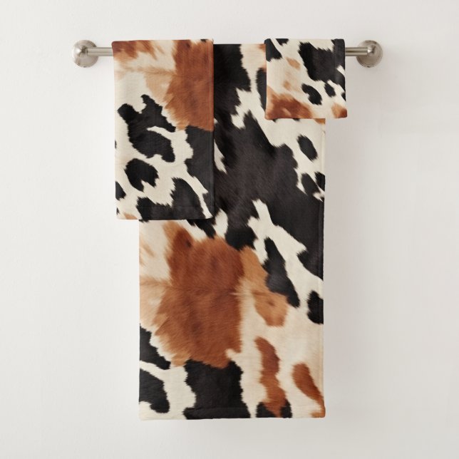 Western Brown Cream Animal Cowhide Bath Towel Set (Insitu)