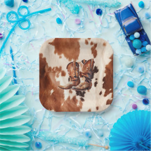 Western Brown Cream Cowboy Boots Paper Plate
