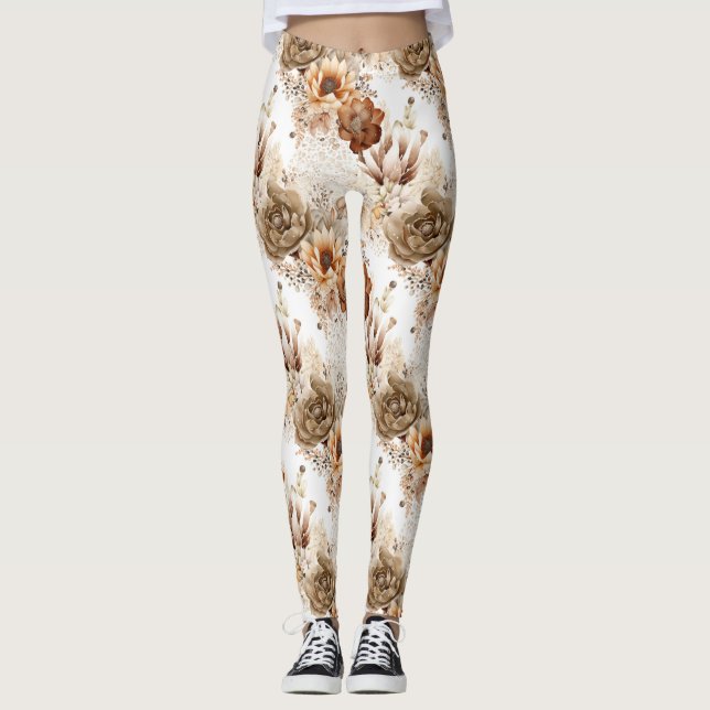 Western Brown Cream Southwest Floral Leggings (Front)