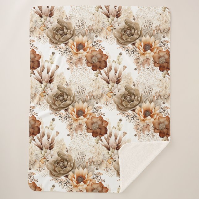 Western Brown Cream Southwest Floral Sherpa Blanket (Front)