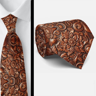 Western Brown Faux Leather Tooled Retro Mens Tie