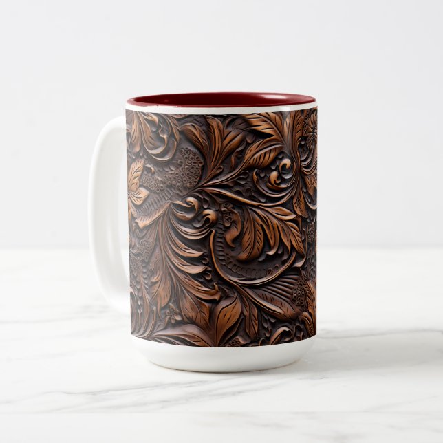 Western Brown Floral Faux Leather Two-Tone Coffee Mug (Front Left)