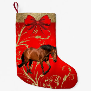 Western Brown  Horse On Red And Gold Small Christmas Stocking
