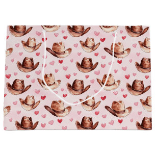 Western Brown Pink Cowgirl Hats Hearts Birthday Large Gift Bag