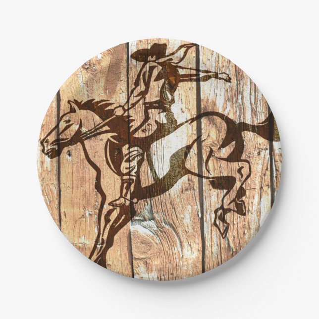 Western bucking bronco wooden cowboy paper plates (Front)