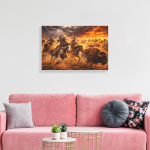 Western Buffalo Hunt Sunset Landscape Canvas Print