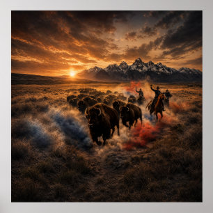 Western Buffalo Stampede at Sunset Poster