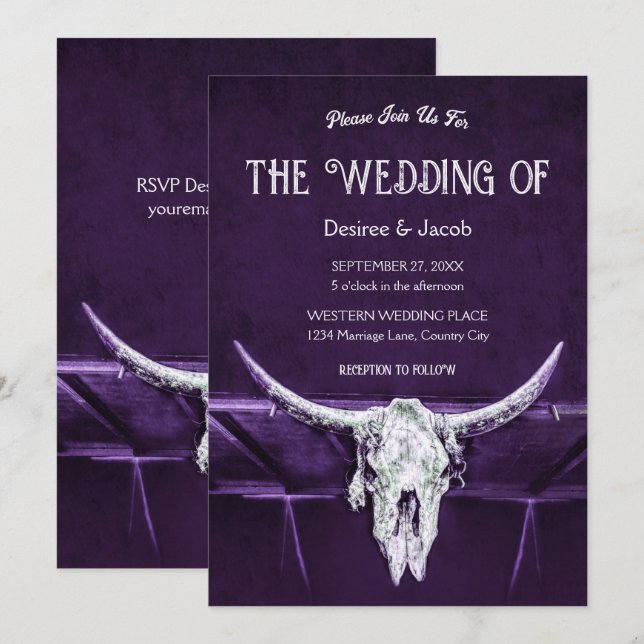 Western Bull Cow Skull Dark Purple White Rustic Invitation (Front/Back)