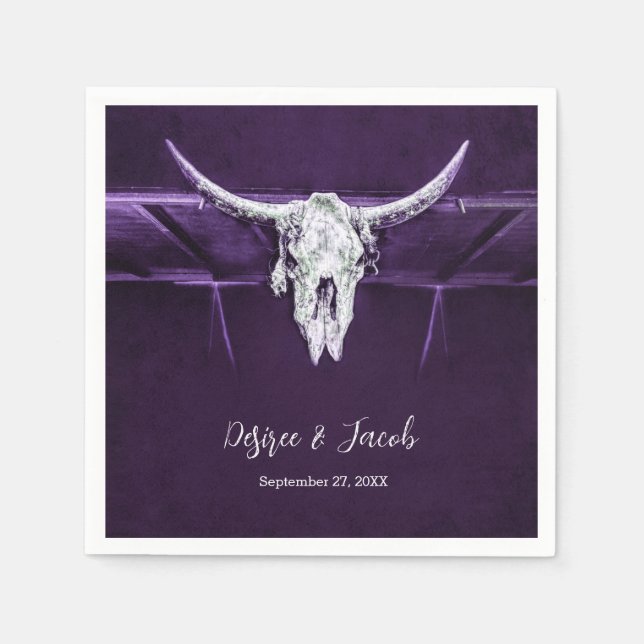 Western Bull Cow Skull Dark Purple White Rustic Napkin (Front)