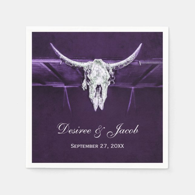 Western Bull Cow Skull Dark Purple White Rustic Napkin (Front)