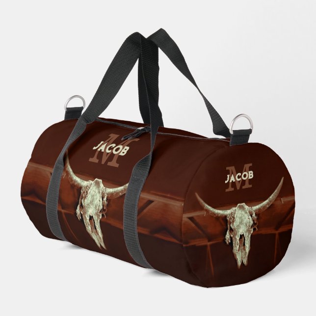 Western Bull Skull Brown Monogram Rustic Country Duffle Bag (Left Corner)