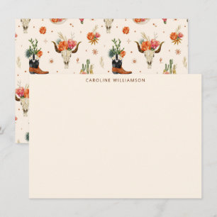 Western Bull Skull Floral Personalized Stationery Card