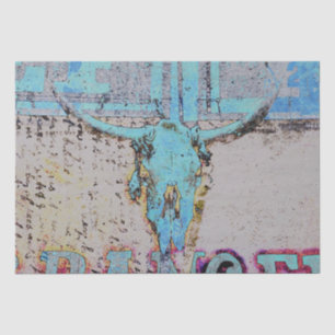 Western Bull Skull Teal Blue Rustic Vintage Tissue Paper