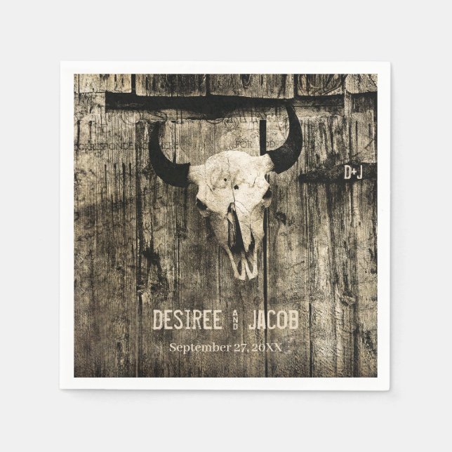 Western Bull Skull Vintage Sepia Rustic Wedding Napkin (Front)