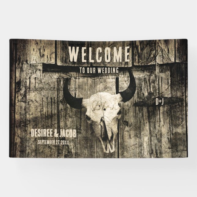 Western Bull Skull Vintage Sepia Rustic Welcome Banner (Horizontal)