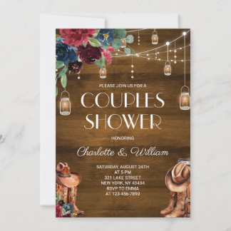 Western Burgundy Floral Couples Shower Invitation