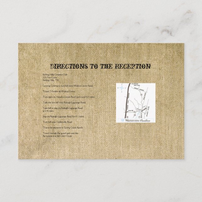 Western Burlap Wedding Directions Enclosure Card (Front)