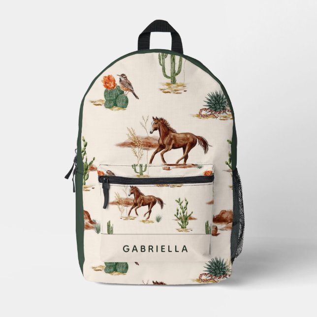 Western Cactus Desert Horse Cowgirl Personalized Printed Backpack (Front)