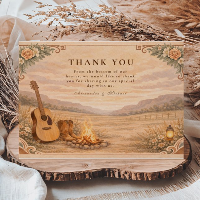 Western Campfire Guitar Meadow Wedding Thank You Card (Creator Uploaded)