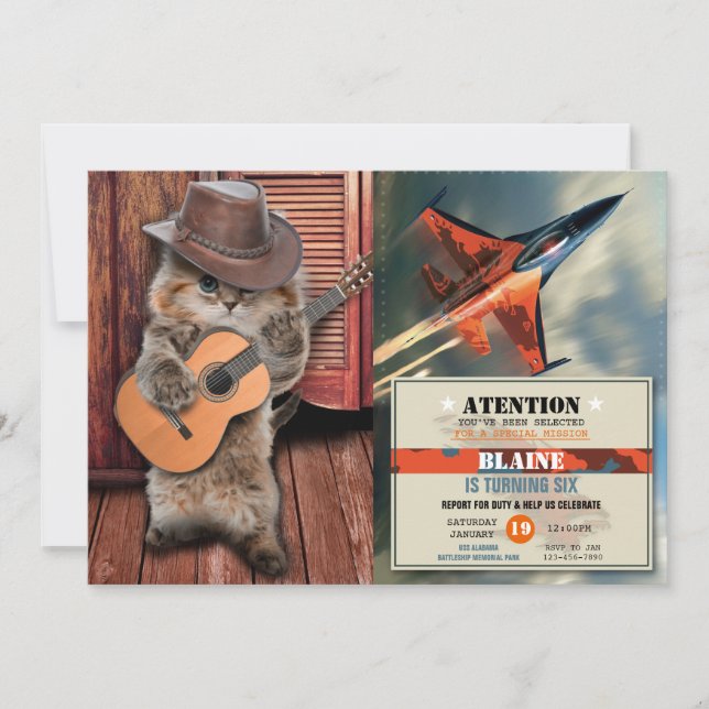 Western Cat cowboy musician with guitar Invitation (Front)