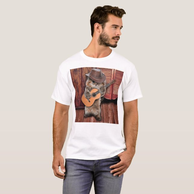 Western Cat cowboy musician with guitar T-Shirt (Front Full)