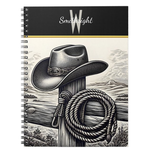 Western Charm: Cowboy Hat & Rope Resting on Wood F Notebook (Front)