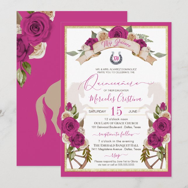 Western Charro Fuchsia Roses Horses Quinceanera Invitation (Front/Back)
